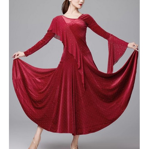 Black red velvet bling competition ballroom dance dresses for women girls waltz tango foxtrot smooth dance long gown for female
